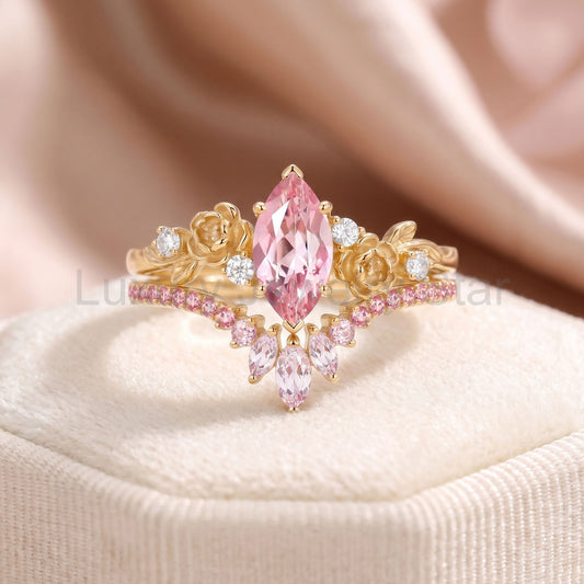 Marquise Cut Lab Pink Sapphire Flower Unique Engagement Ring Set 2pcs - Peony