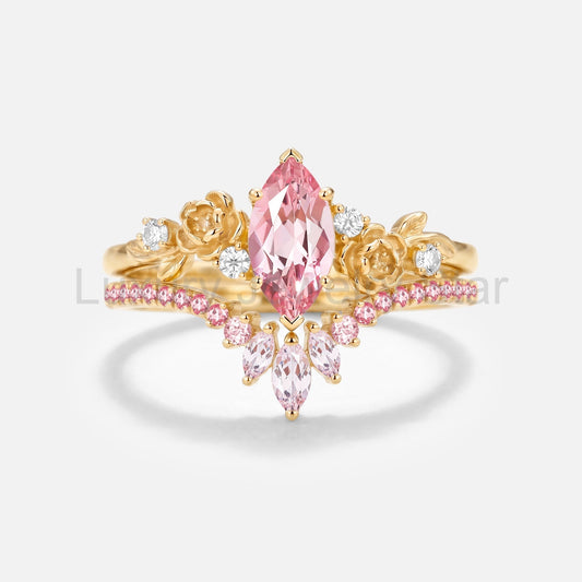 Marquise Cut Lab Pink Sapphire Flower Unique Engagement Ring Set 2pcs - Peony - image 2