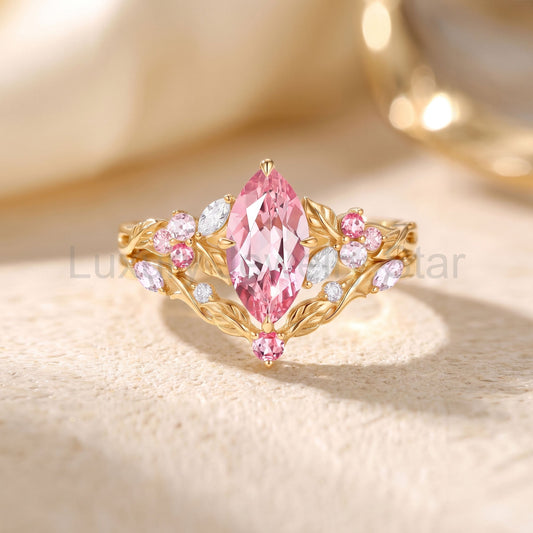 Marquise Cut Leaf Lab Pink Sapphire Engagement Ring Set 2pcs - Peony