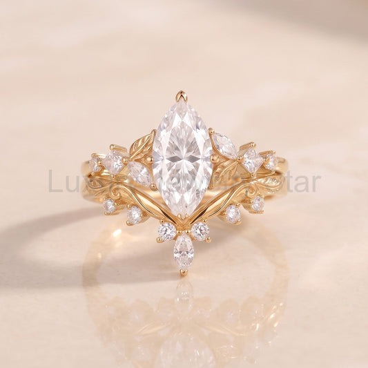 Marquise Cut Moissanite Leaf Nature Engagement Ring Set 2pcs - Peony