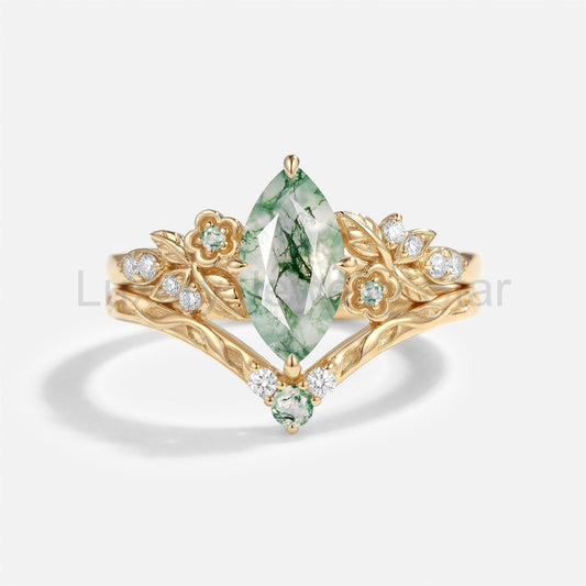 Marquise Cut Moss Agate Flower Vintage Engagement Ring Set 2pcs - Kaelen