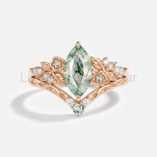 Marquise Cut Moss Agate Flower Vintage Engagement Ring Set 2pcs - Kaelen - image 2