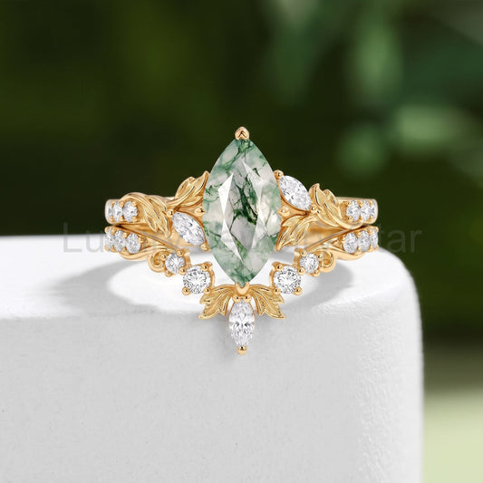 Marquise Cut Moss Agate Leafy Vintage Engagement Ring Set 2pcs - Peony
