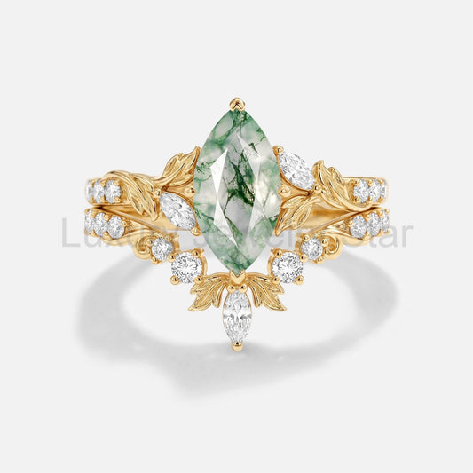 Marquise Cut Moss Agate Leafy Vintage Engagement Ring Set 2pcs - Peony - image 2
