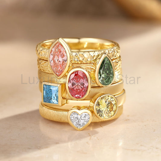 Multi-Color Lab Grown Diamond Bezel Engraved Stacking Engagement Ring Sets 6pcs - Prima