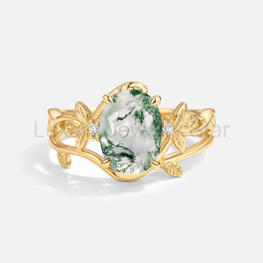 Oval Cut Moss Agate Leafy Minimalist Engagement Ring Set 2pcs - Arete