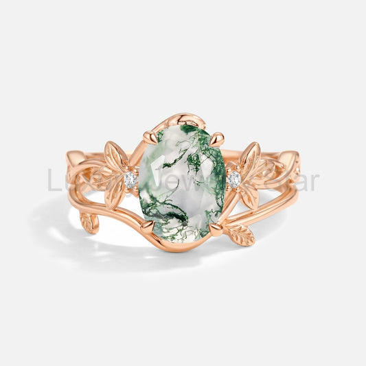 Oval Cut Moss Agate Leafy Minimalist Engagement Ring Set 2pcs - Arete - image 2
