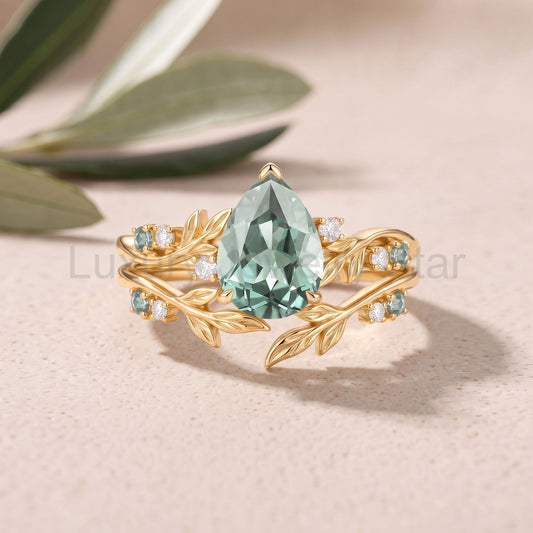 Pear Cut Lab Green Sapphire Antique Engagement Ring Set 2pcs - Alvara