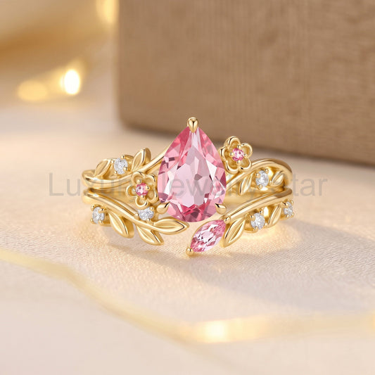 Pear Cut Lab Pink Sapphire Floral Engagement Ring Set 2pcs - Amabelle