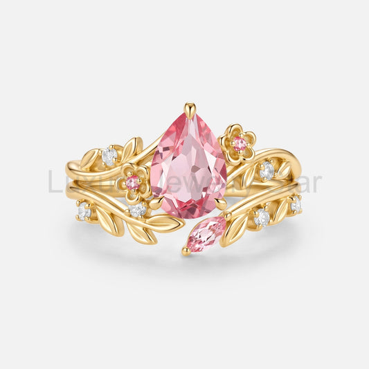 Pear Cut Lab Pink Sapphire Floral Engagement Ring Set 2pcs - Amabelle - image 2