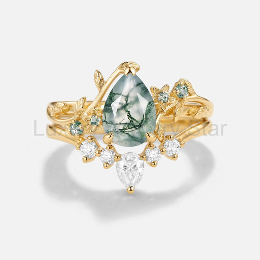 Pear Cut Moss Agate Floral Antique Engagement Ring Set 2pcs - Arabella