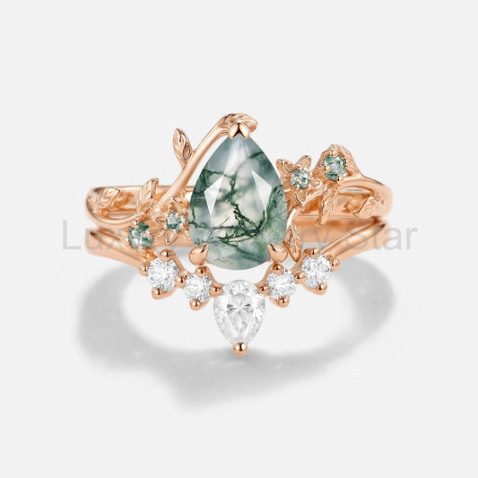 Pear Cut Moss Agate Floral Antique Engagement Ring Set 2pcs - Arabella - image 2