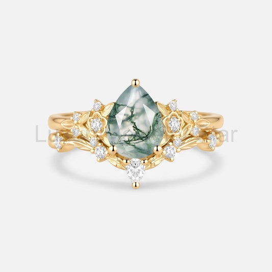 Pear Cut Moss Agate Flower Unique Engagement Ring Set 2pcs - Floralis