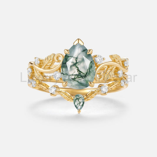 Pear Cut Moss Agate Leafy Antique Engagement Ring Set 2pcs - Almira