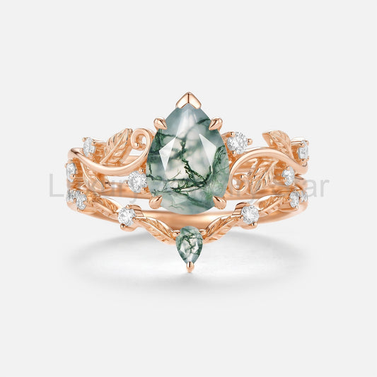 Pear Cut Moss Agate Leafy Antique Engagement Ring Set 2pcs - Almira - image 2