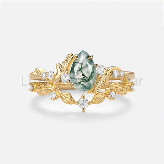 Pear Cut Moss Agate Leafy Dainty Engagement Ring Set 2pcs - Arden