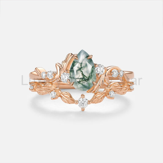 Pear Cut Moss Agate Leafy Dainty Engagement Ring Set 2pcs - Arden - image 2