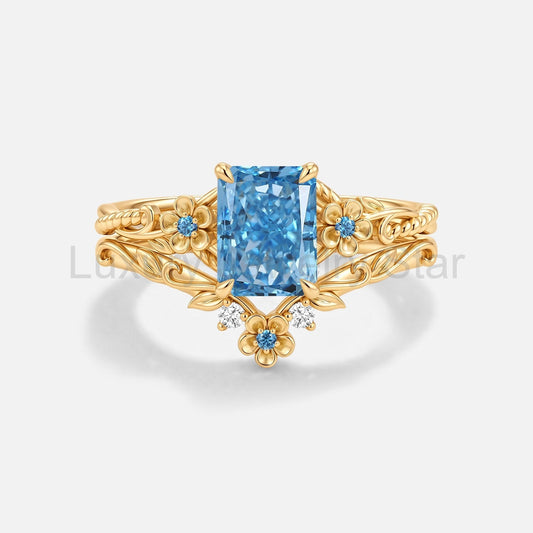 Radiant Cut Blue Lab Grown Diamond Flower Engagement Ring Set 2pcs - Albine