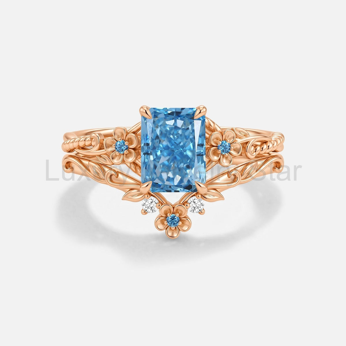 Radiant Cut Blue Lab Grown Diamond Flower Engagement Ring Set 2pcs - Albine - image 2