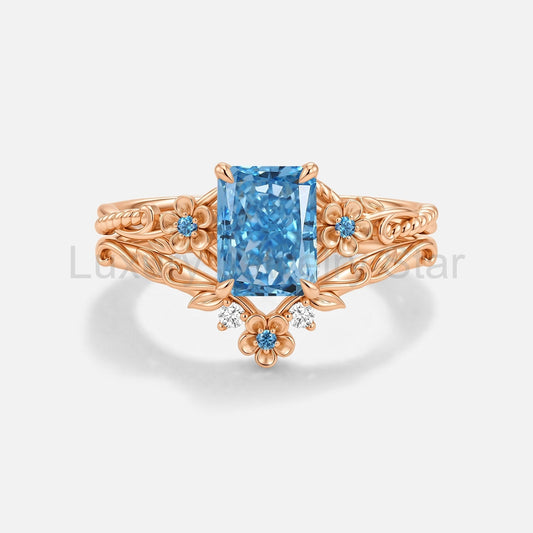 Radiant Cut Blue Lab Grown Diamond Flower Engagement Ring Set 2pcs - Albine - image 2