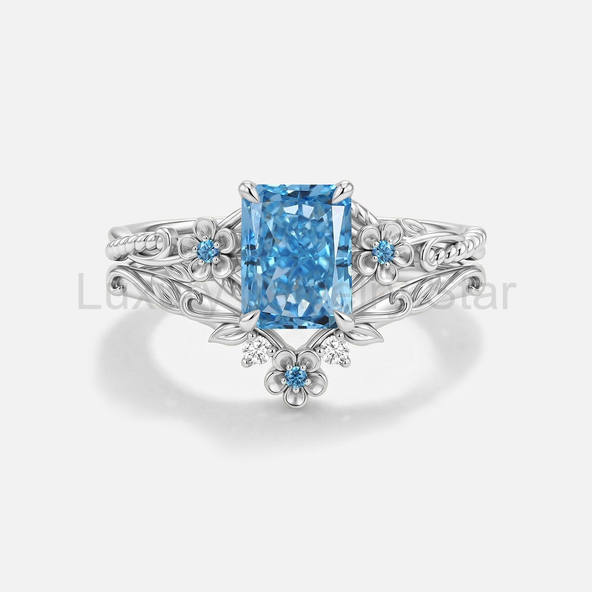 Radiant Cut Blue Lab Grown Diamond Flower Engagement Ring Set 2pcs - Albine - image 3