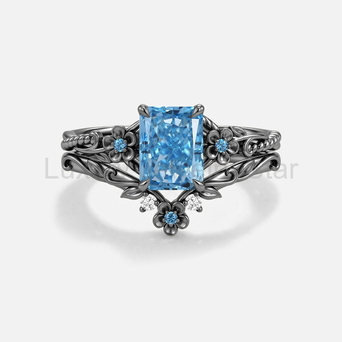 Radiant Cut Blue Lab Grown Diamond Flower Engagement Ring Set 2pcs - Albine - image 4