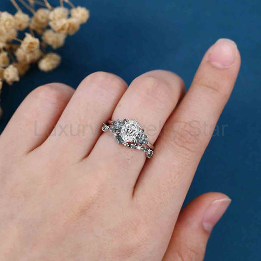 1.0CT~5.0CT Oval cut Lab Grown Diamond Cluster Bridal Set - image 2