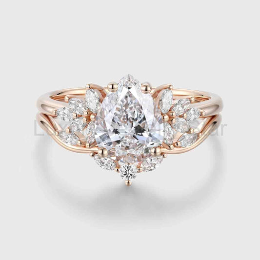 1.0CT~5.0CT Pear cut Lab Grown Diamond Cluster Bridal Set