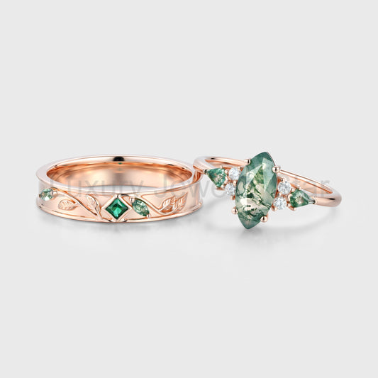 Forever Glow Moss Agate Couple Rings | Rose Gold Leaf Wedding Bridal Set