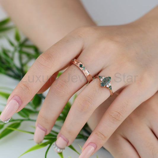 Forever Glow Moss Agate Couple Rings | Rose Gold Leaf Wedding Bridal Set - image 2
