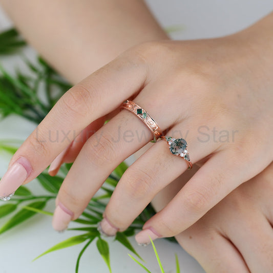 Forever Glow Moss Agate Couple Rings | Rose Gold Leaf Wedding Bridal Set - image 2