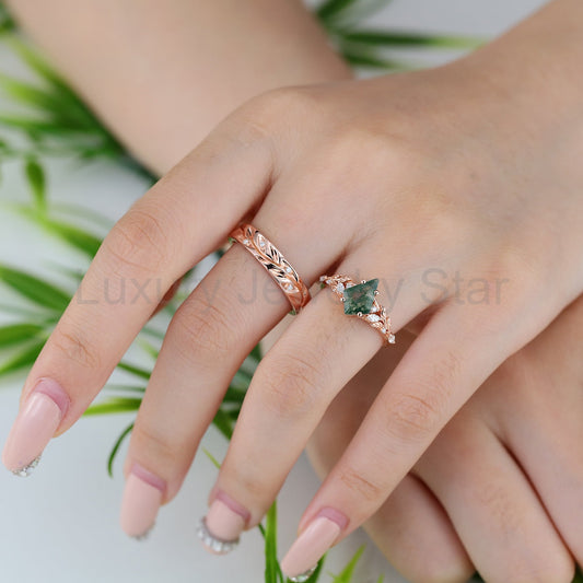 Forever Glow Moss Agate Couple Rings | Rose Gold Leaf Wedding Bridal Set - image 2