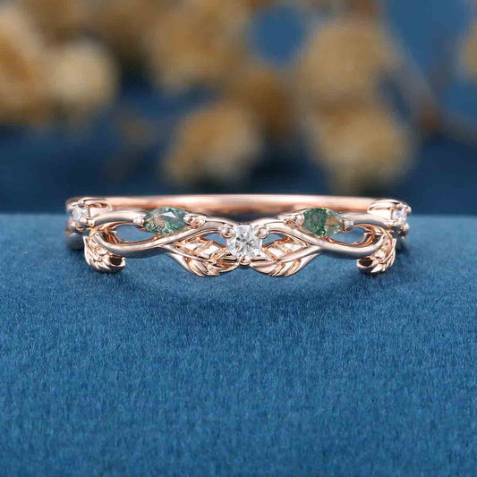 Marquise Moss Agate Matching Moissanite Wedding Band