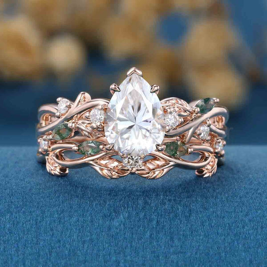 Nature Inspired Pear Cut Moissanite Engagement ring + Moss agate Wedding Bridal Set