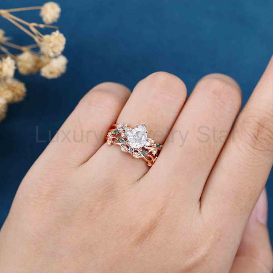 Nature Inspired Pear Cut Moissanite Engagement ring + Moss agate Wedding Bridal Set - image 2