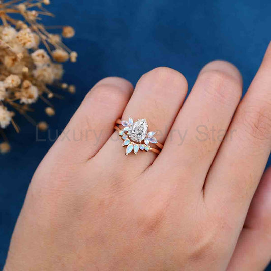 Pear cut Lab Grown Diamond Cluster Engagement Ring Bridal Set - image 2