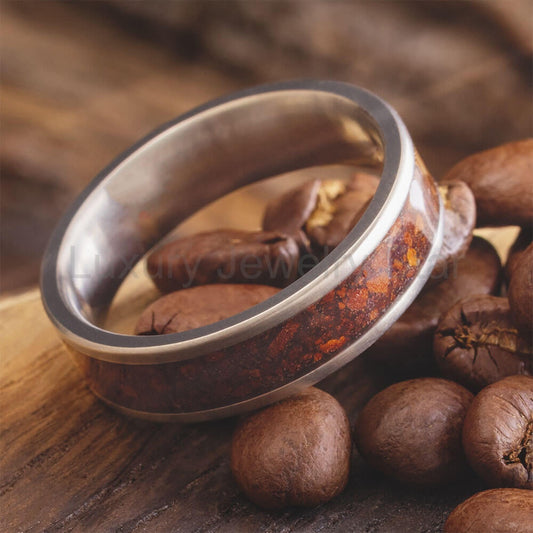 Coffee Wedding Band with Real Coffee Bean Inlay