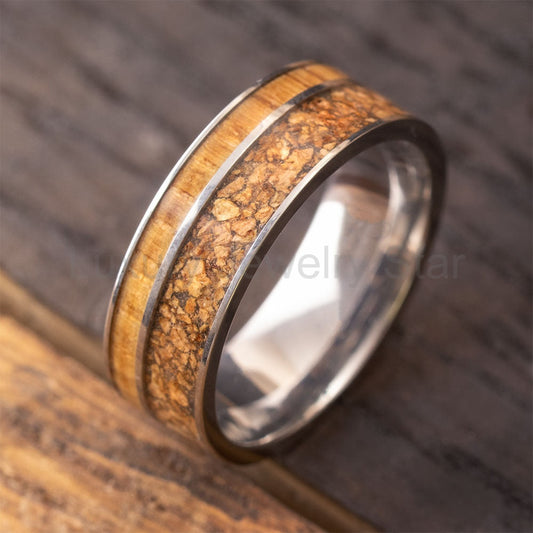 Cork and Oak Wood Wedding Band in Titanium