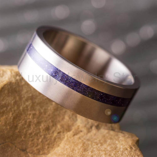 Cosmic Wedding Band with Goldstone Inlay in Titanium