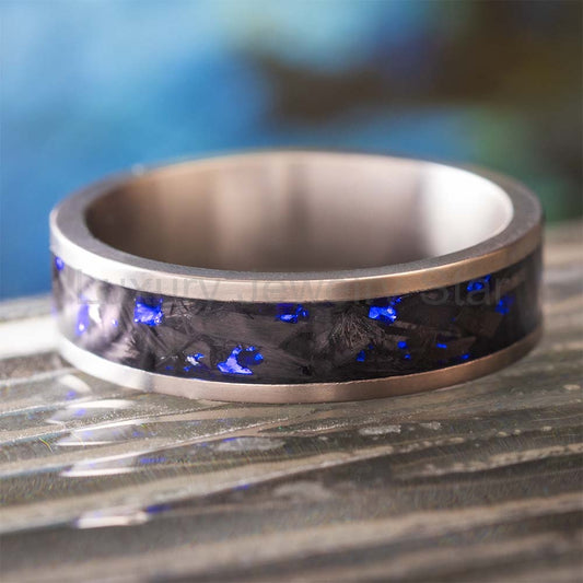 Forged Carbon Fiber Wedding Band with Blue Metallic Accents