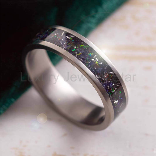Galaxy Stardust Ring with Crushed Meteorite, Goldstone, and Opal