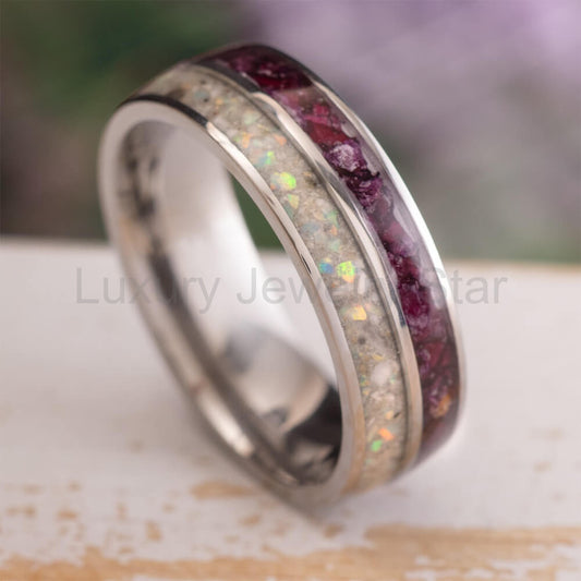 Memorial Ring with Flowers, Ashes & Opal