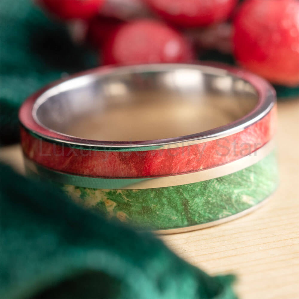 Red and Green Box Elder Burl Wood Wedding Band
