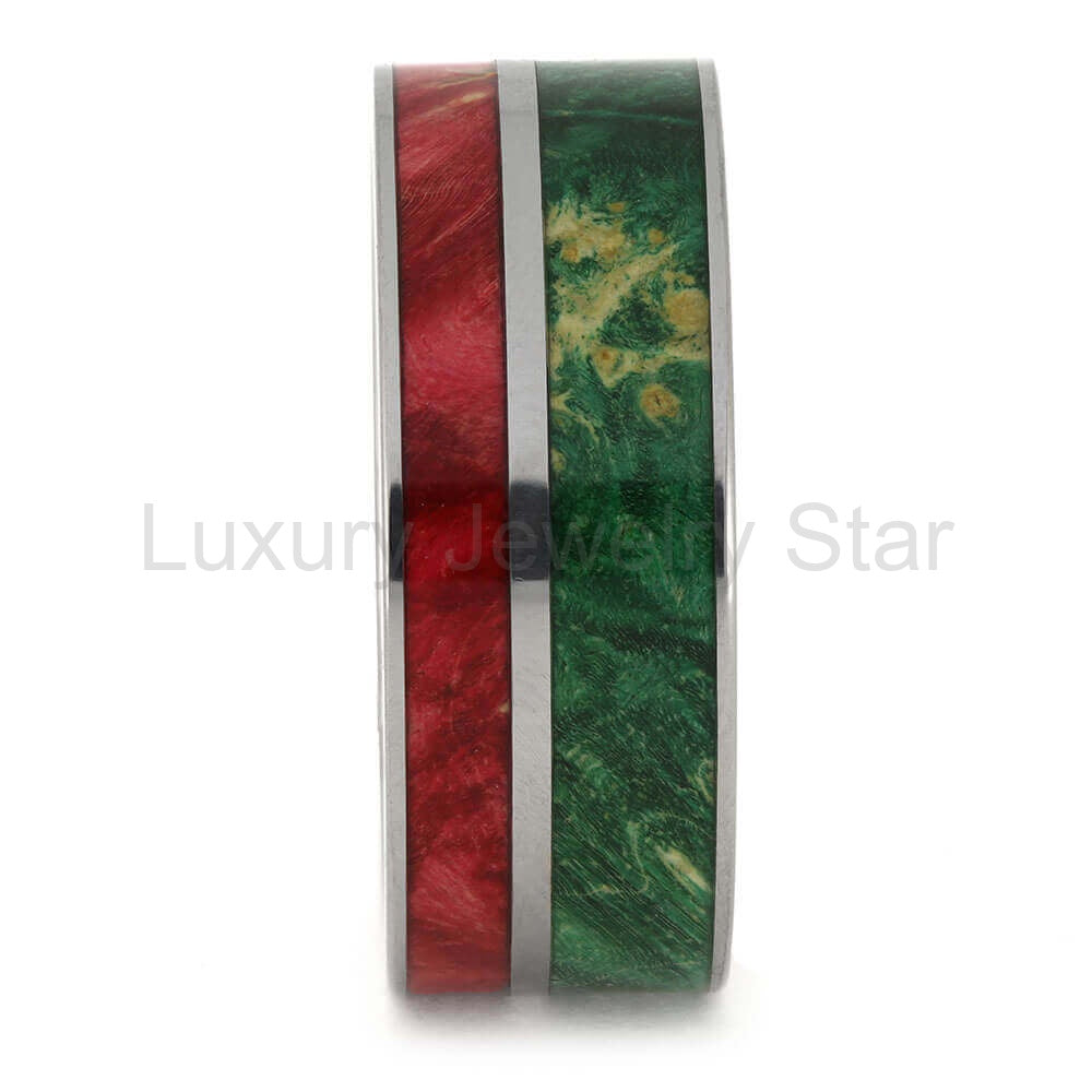 Red and Green Box Elder Burl Wood Wedding Band - image 3