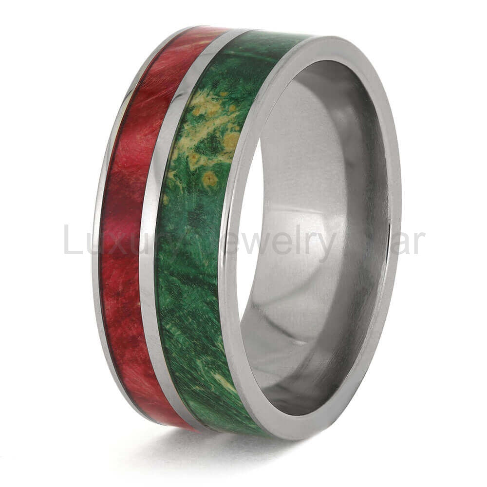 Red and Green Box Elder Burl Wood Wedding Band - image 4