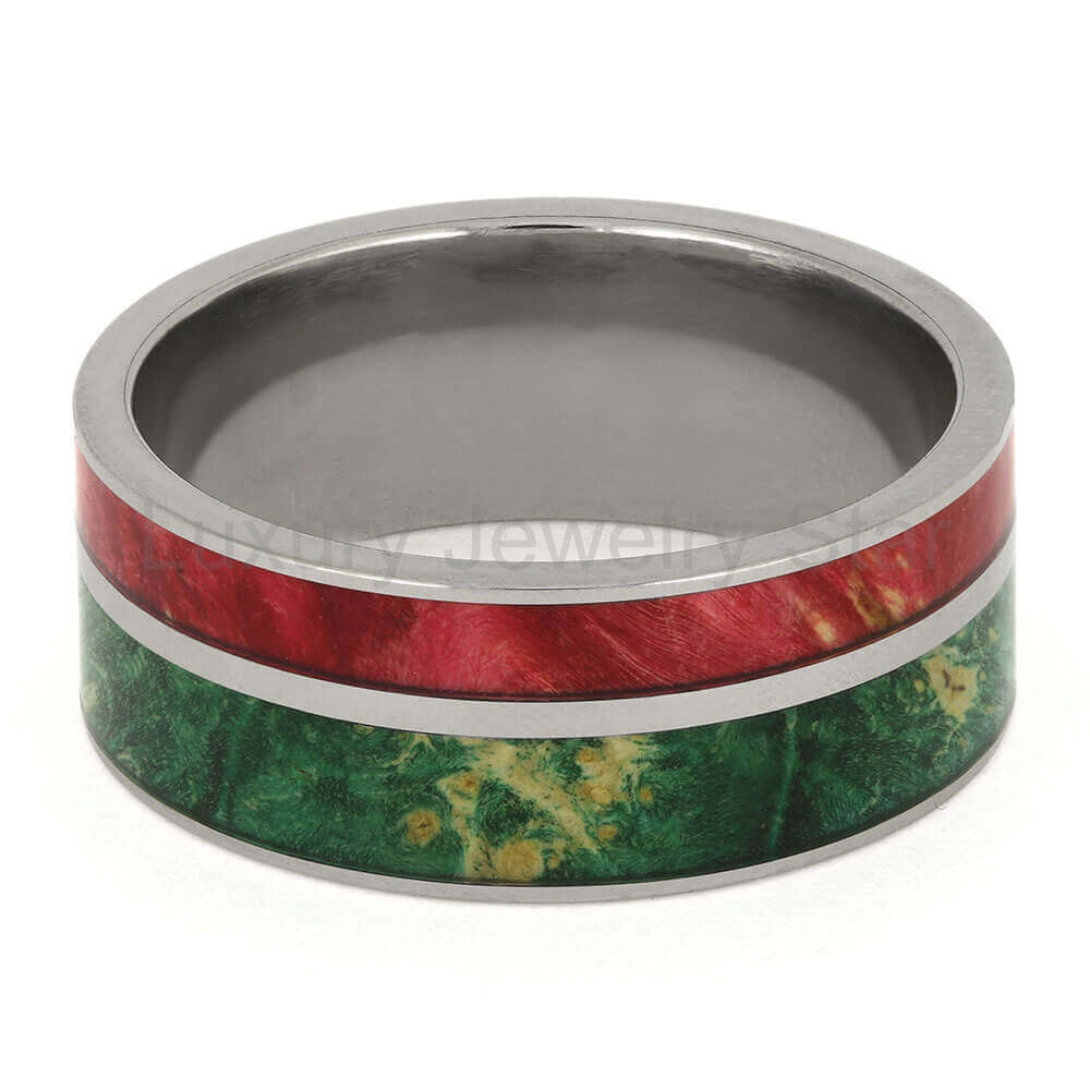 Red and Green Box Elder Burl Wood Wedding Band - image 5