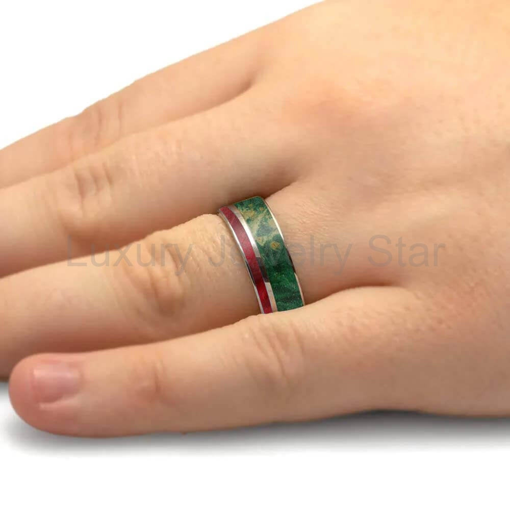 Red and Green Box Elder Burl Wood Wedding Band - image 6
