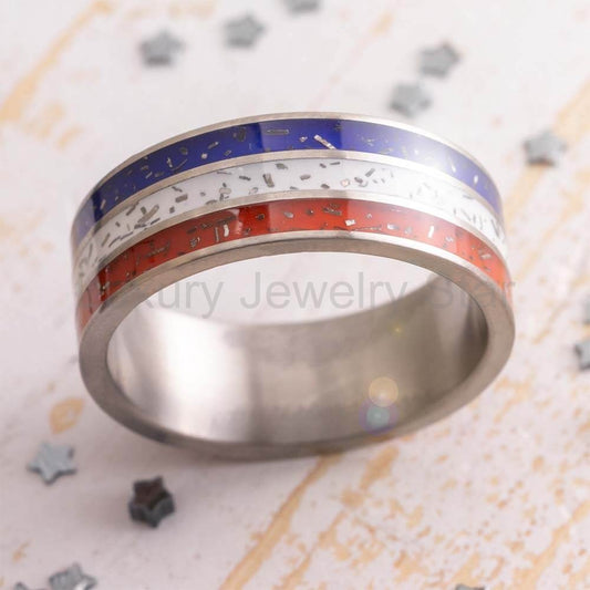 Red, White, and Blue Stardust Wedding Band in Titanium