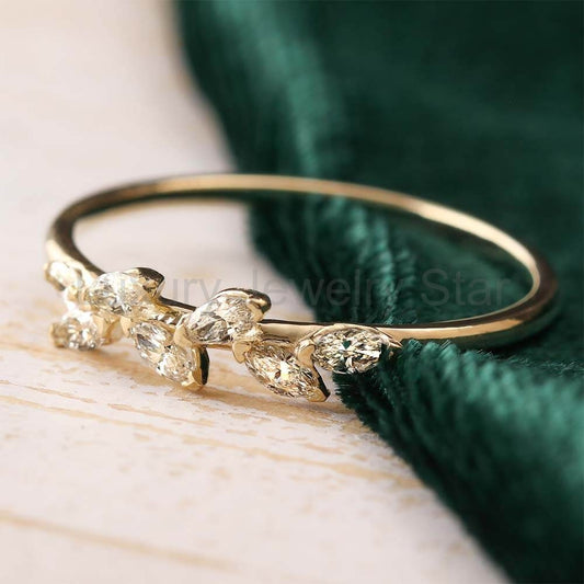 Unique Yellow Gold Wedding Band with Diamond Leaf Pattern