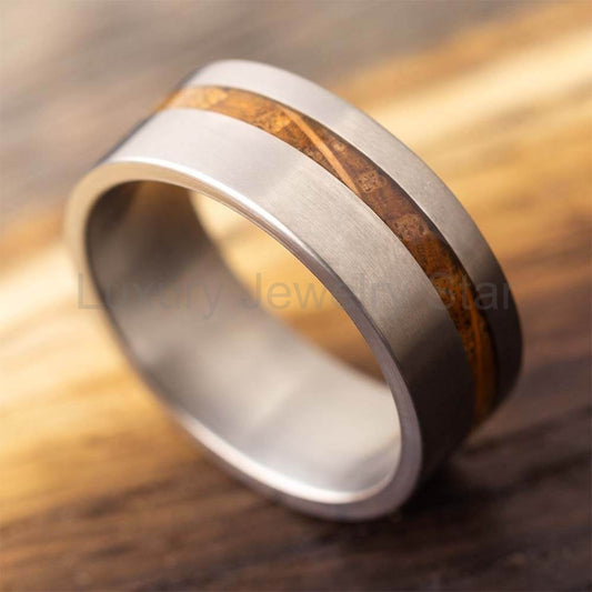 Whiskey Barrel Oak Wood Ring in Matte Titanium
